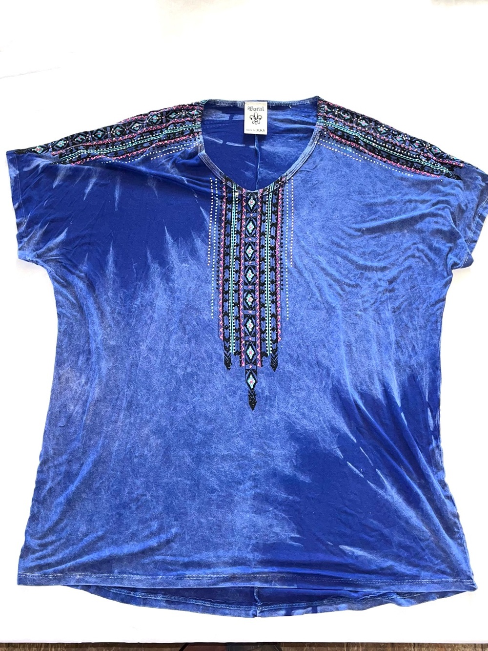 Be Vocal Y2K Blue Velour Rhinestone Embellished Boho Tunic Top 1X/L